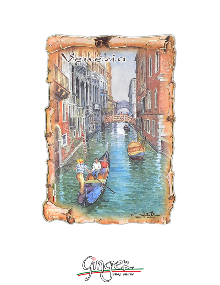 Wooden magnet with drawings by Poliziano - Venice: Gondola and Bridge of Sighs