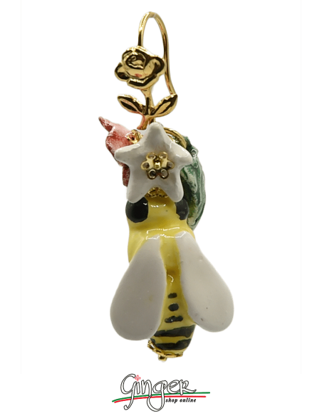 Aurora's Ceramic: Pendant earrings with Bees, Flowers and Leaves