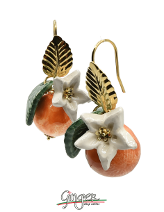 Aurora's Ceramic: Pendant earrings with Oranges, Flowers and Leaves