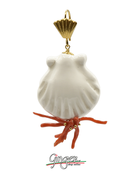 Aurora's Ceramic: Pendant earrings with ceramic Shells and Mediterranean Coral