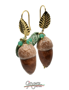Aurora's Ceramic: Pendant earrings with Acorns, Leaves and Turquoise Agate beads