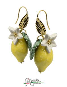 Aurora's Ceramic: Pendant earrings with Lemons, Flowers and Leaves