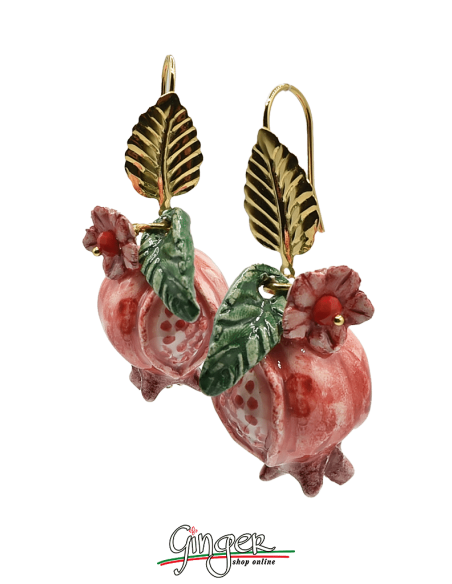 Aurora's Ceramic: Pendant earrings with Pomegranates, Flowers and Leaves