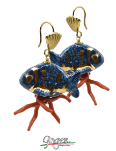 Aurora's Ceramic: Pendant earrings with Blue Fishes and Mediterranean Coral