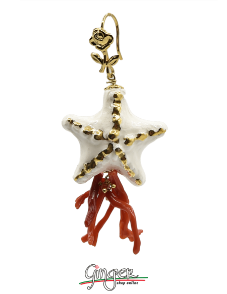 Aurora's Ceramic: Pendant earrings with Starfish and Mediterranean Coral