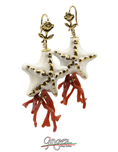 Aurora's Ceramic: Pendant earrings with Starfish and Mediterranean Coral