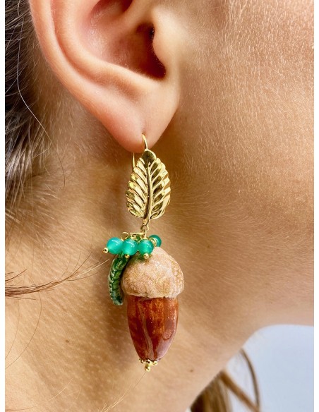 Aurora's Ceramic: Pendant earrings with Acorns, Leaves and Turquoise Agate beads