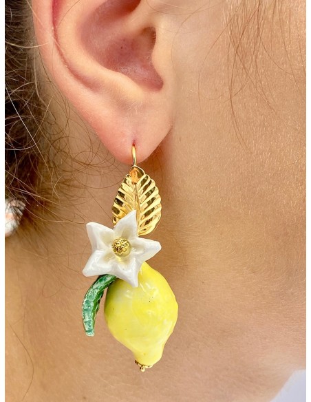 Aurora's Ceramic: Pendant earrings with Lemons, Flowers and Leaves