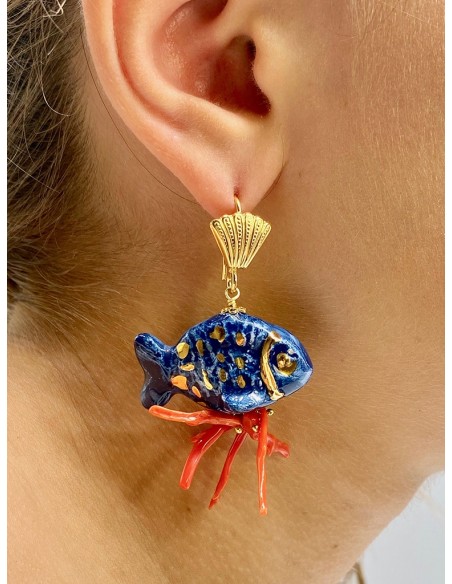 Aurora's Ceramic: Pendant earrings with Blue Fishes and Mediterranean Coral