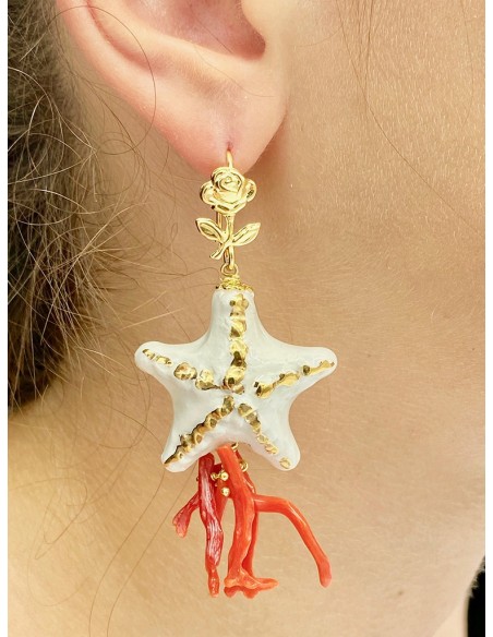 Aurora's Ceramic: Pendant earrings with Starfish and Mediterranean Coral