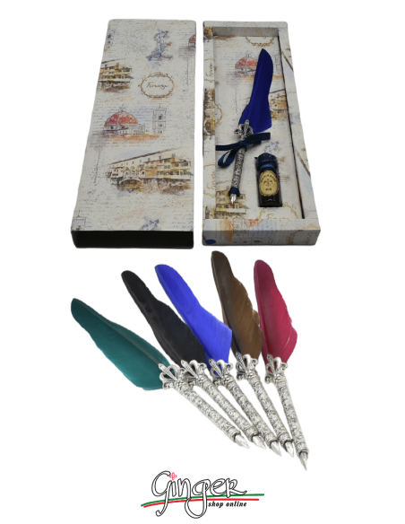 Florence: writing set with goose down, steel nib and colored ink