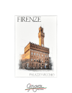 Fridge magnet with drawings and pictures of Florence: Palazzo Vecchio or Palazzo della Signoria