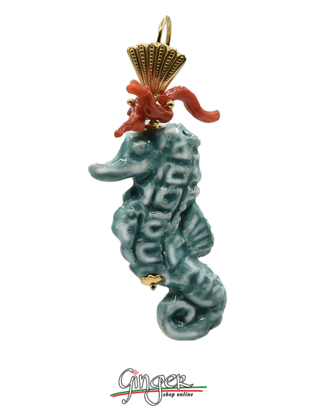 Aurora's Ceramic: Pendant earrings with Seahorses and Mediterranean Coral