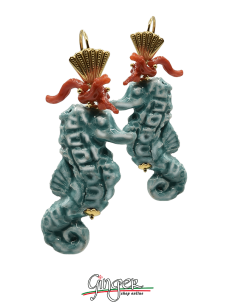 Aurora's Ceramic: Pendant earrings with Seahorses and Mediterranean Coral